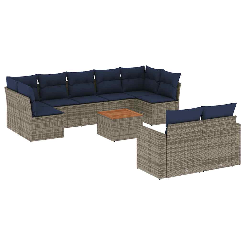 10-tlg. Garten-Sofagarnitur mit Kissen Grau Poly Rattan