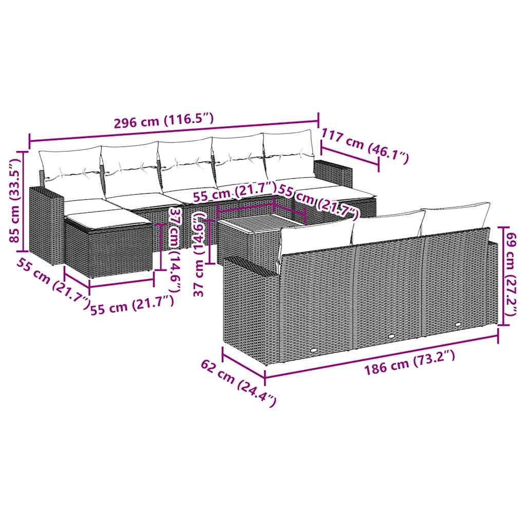 11-tlg. Garten-Sofagarnitur mit Kissen Schwarz Poly Rattan