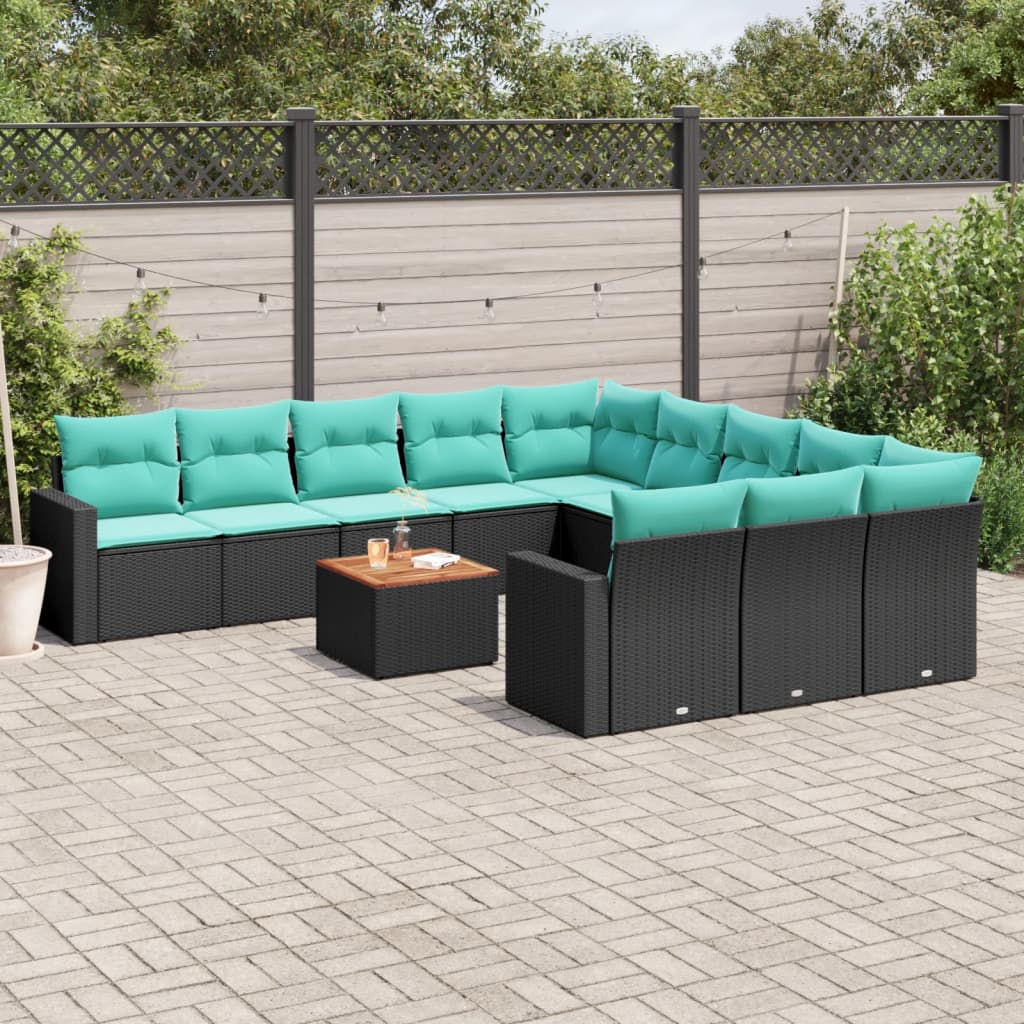 12-tlg. Garten-Sofagarnitur mit Kissen Schwarz Poly Rattan