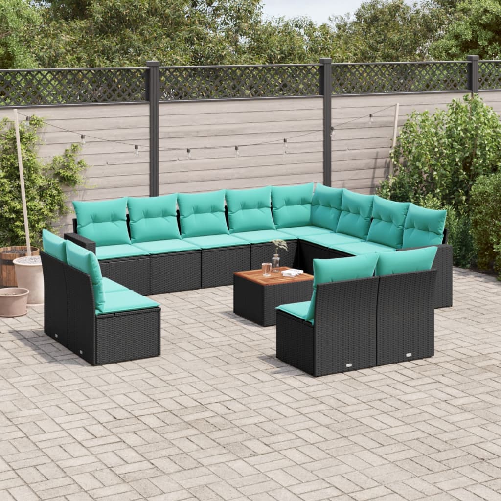 13-tlg. Garten-Sofagarnitur mit Kissen Schwarz Poly Rattan