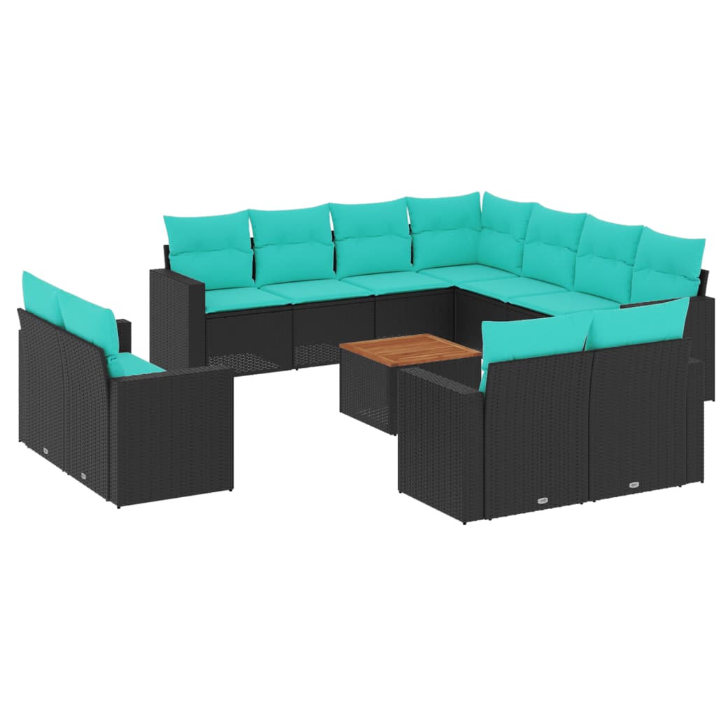 12-tlg. Garten-Sofagarnitur mit Kissen Schwarz Poly Rattan