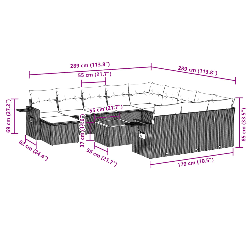 13-tlg. Garten-Sofagarnitur mit Kissen Grau Poly Rattan