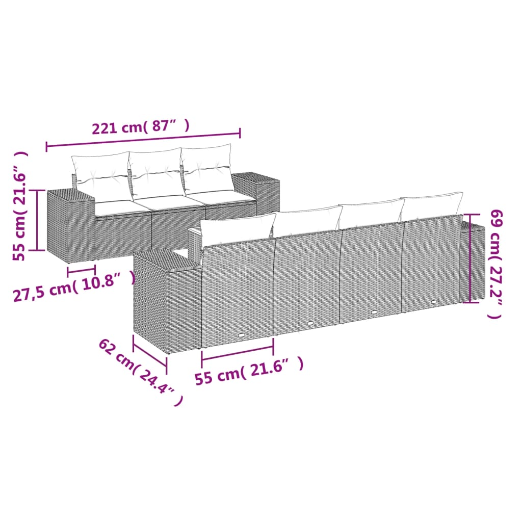 8-tlg. Garten-Sofagarnitur mit Kissen Grau Poly Rattan