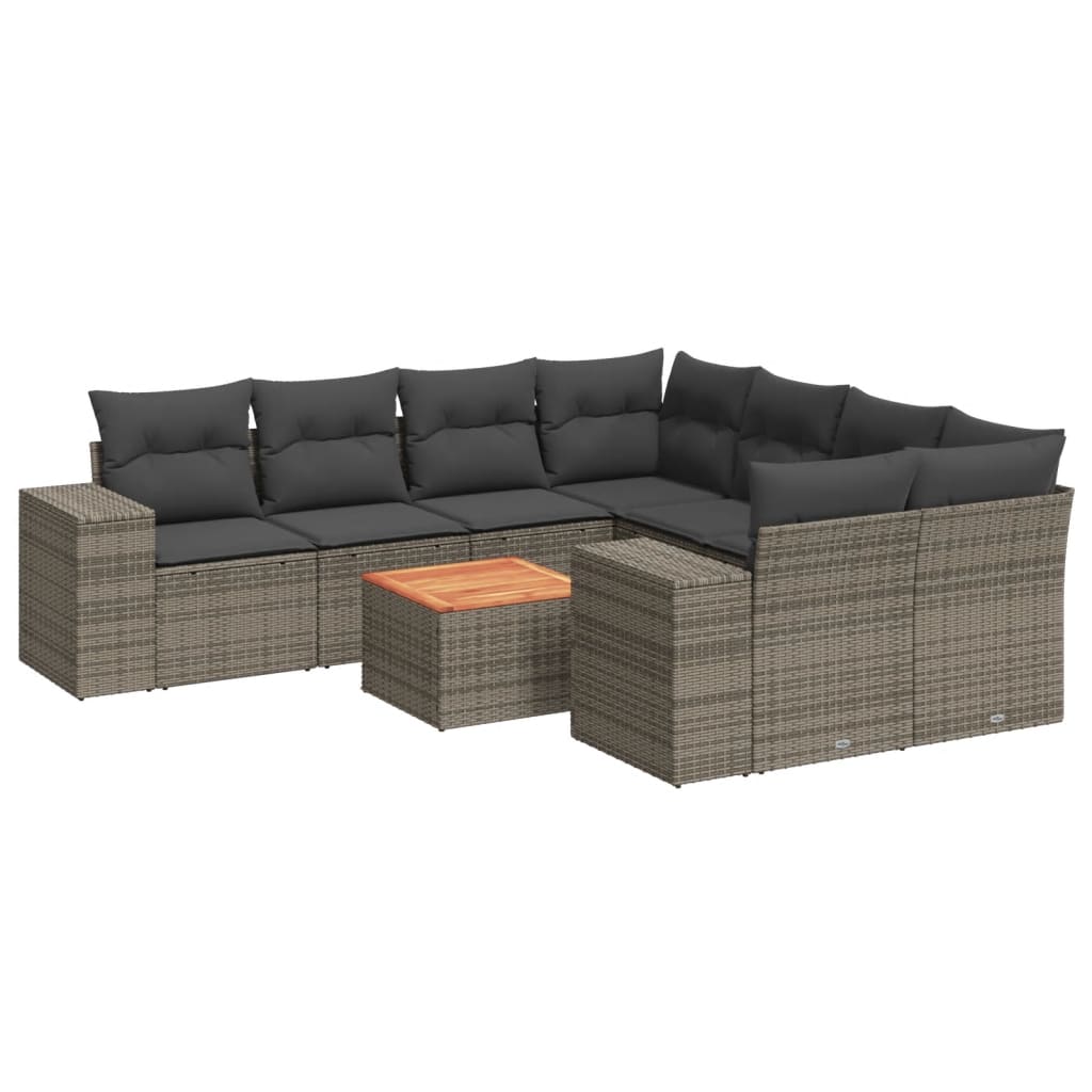9-tlg. Garten-Sofagarnitur mit Kissen Grau Poly Rattan