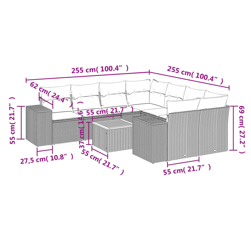9-tlg. Garten-Sofagarnitur mit Kissen Grau Poly Rattan