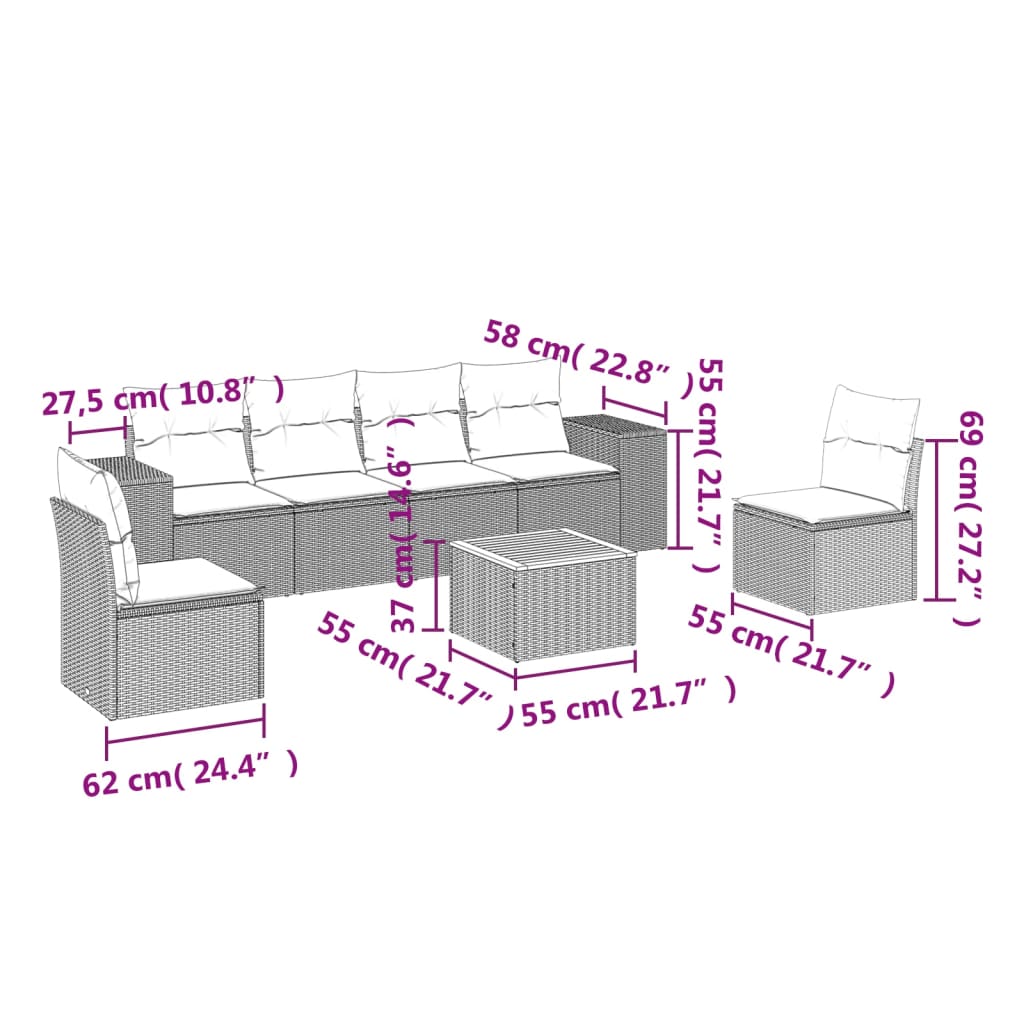 7-tlg. Garten-Sofagarnitur mit Kissen Beige Poly Rattan