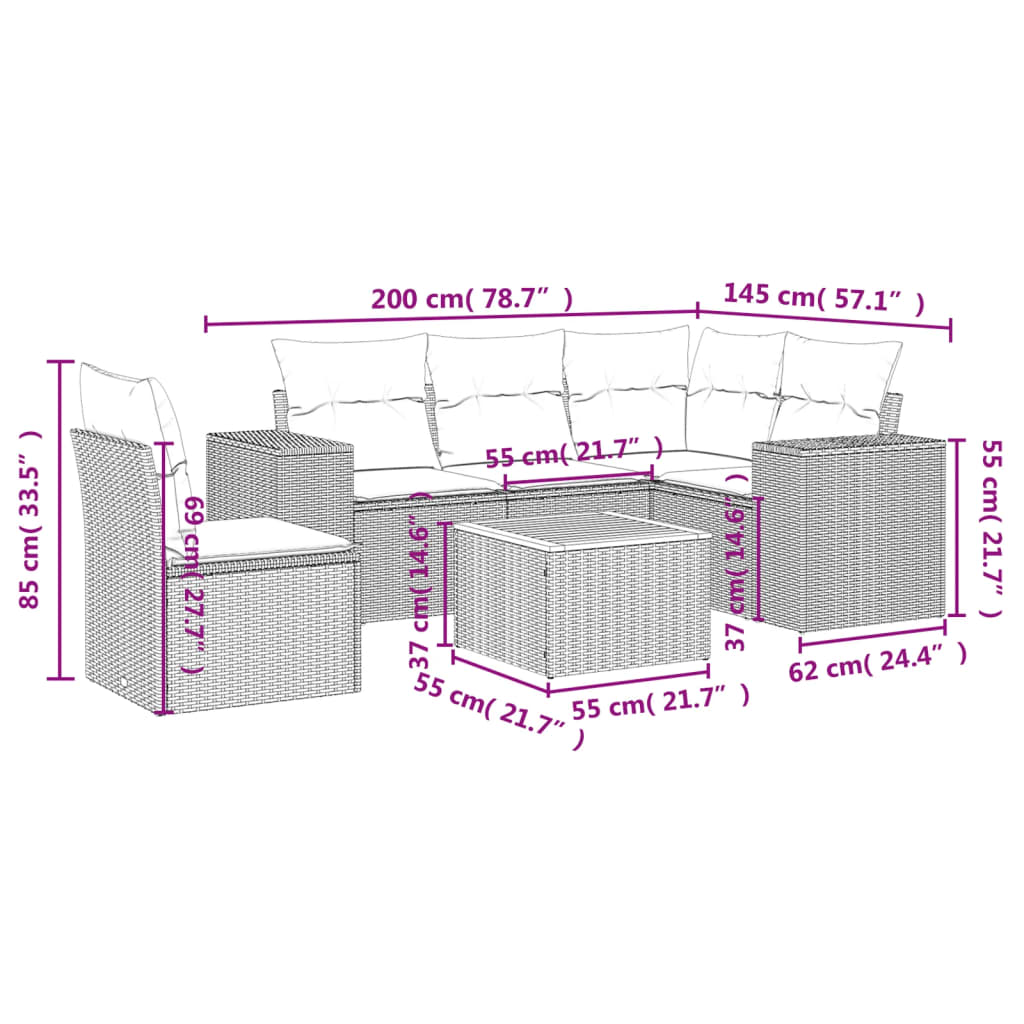 6-tlg. Garten-Sofagarnitur mit Kissen Grau Poly Rattan