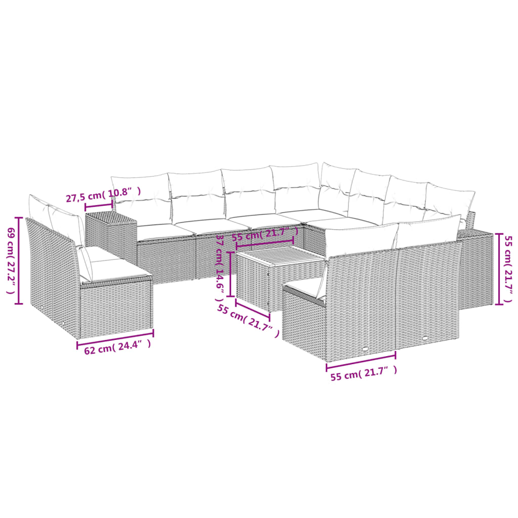 12-tlg. Garten-Sofagarnitur mit Kissen Beige Poly Rattan