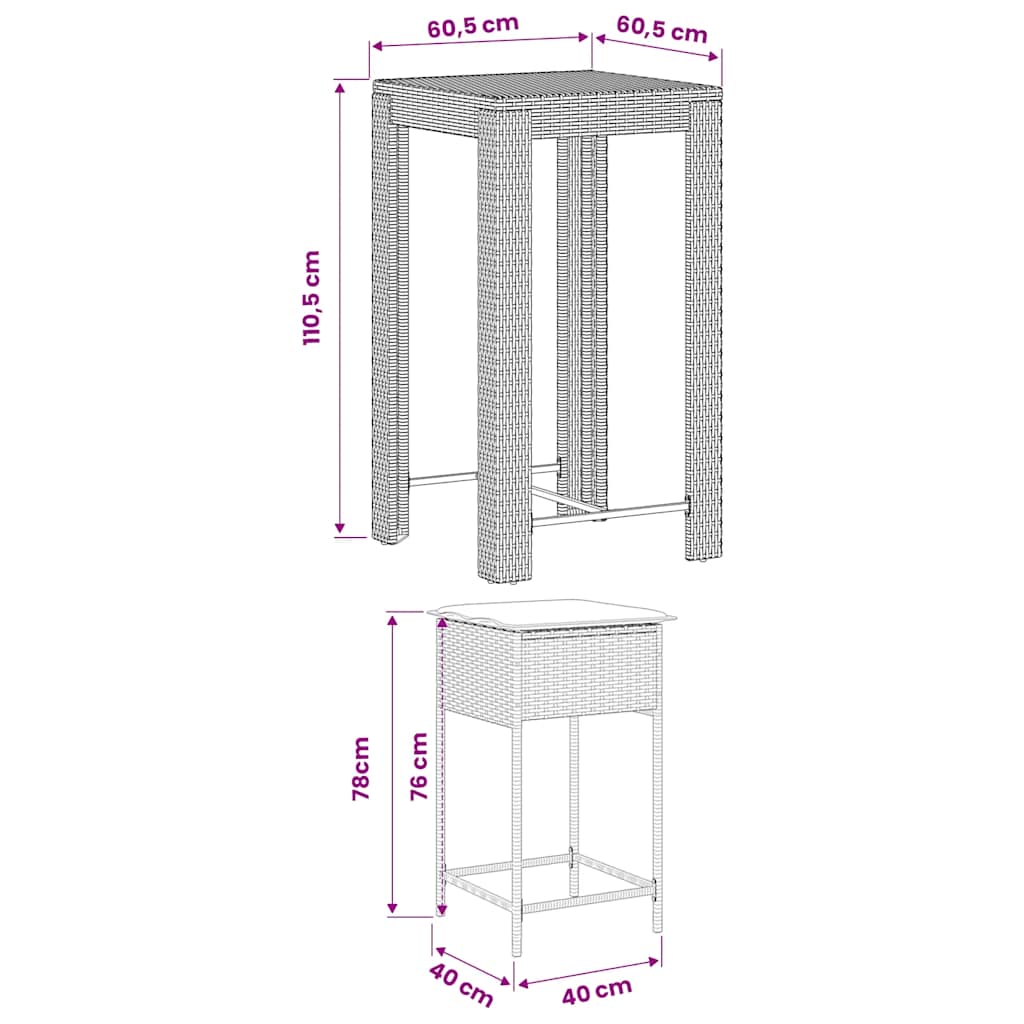 5-tlg. Gartenbar-Set mit Kissen Braun Poly Rattan