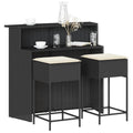 3-tlg. Gartenbar-Set mit Kissen Schwarz Poly Rattan