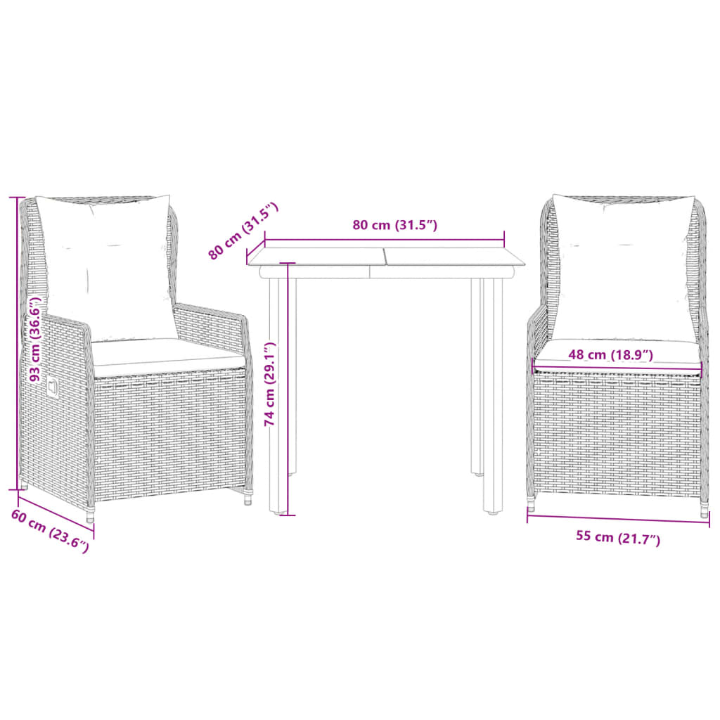 3-tlg. Garten-Essgruppe mit Kissen Schwarz Poly Rattan