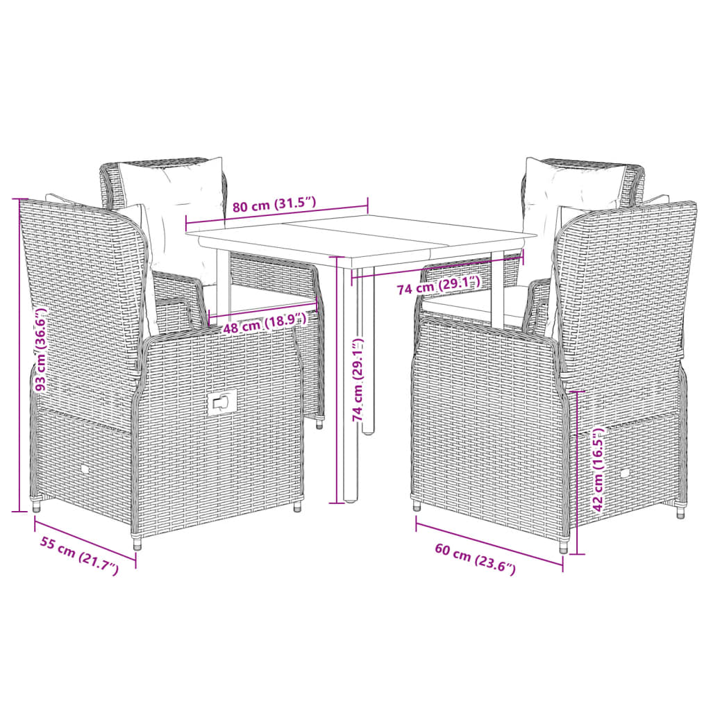 5-tlg. Garten-Essgruppe mit Kissen Schwarz Poly Rattan