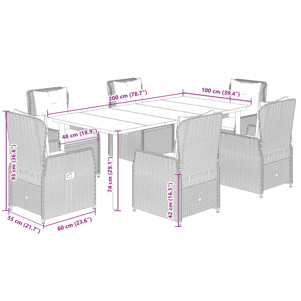 7-tlg. Garten-Essgruppe mit Kissen Schwarz Poly Rattan