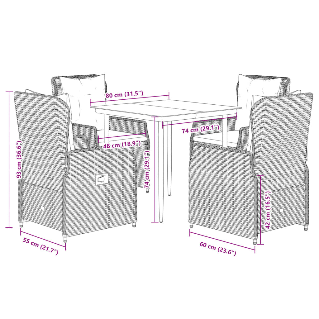 5-tlg. Garten-Essgruppe mit Kissen Grau Poly Rattan
