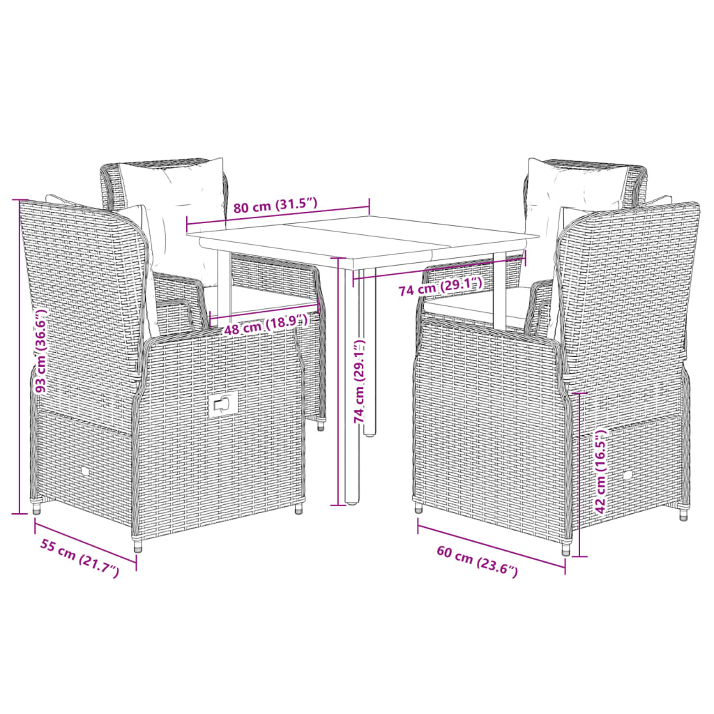 5-tlg. Garten-Essgruppe mit Kissen Grau Poly Rattan
