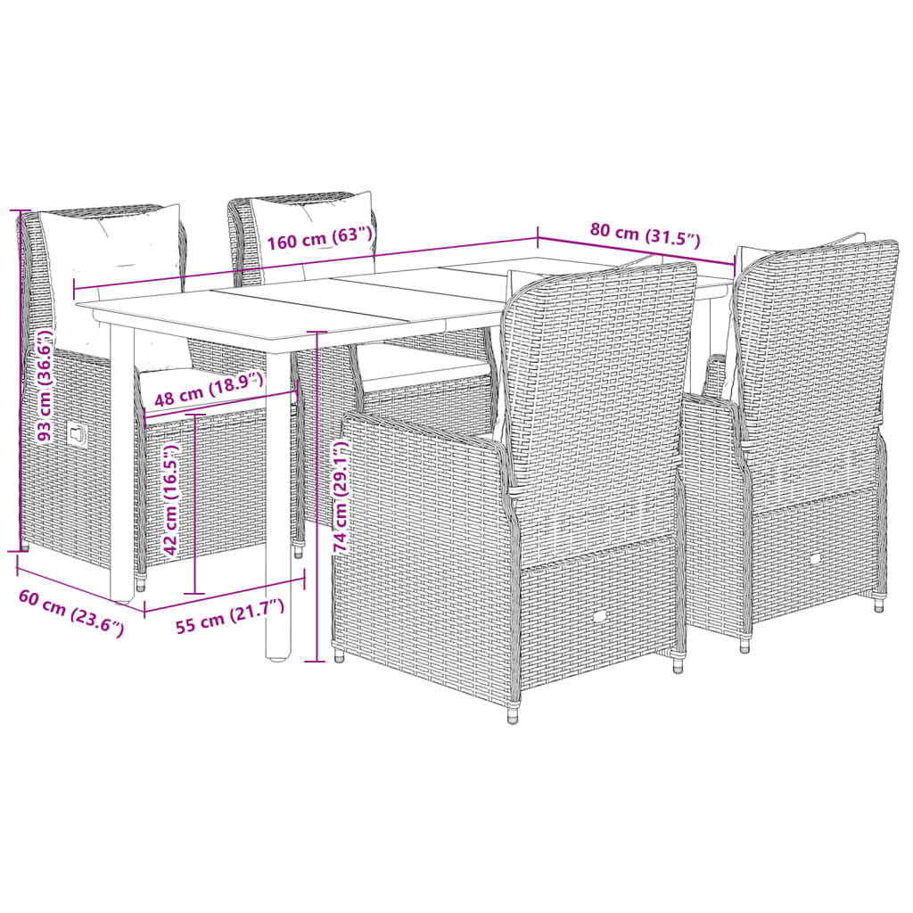 5-tlg. Garten-Essgruppe mit Kissen Grau Poly Rattan