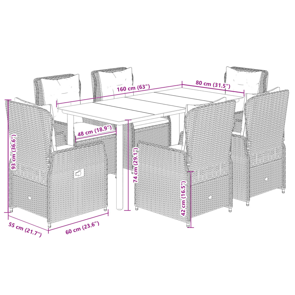 7-tlg. Garten-Essgruppe mit Kissen Grau Poly Rattan