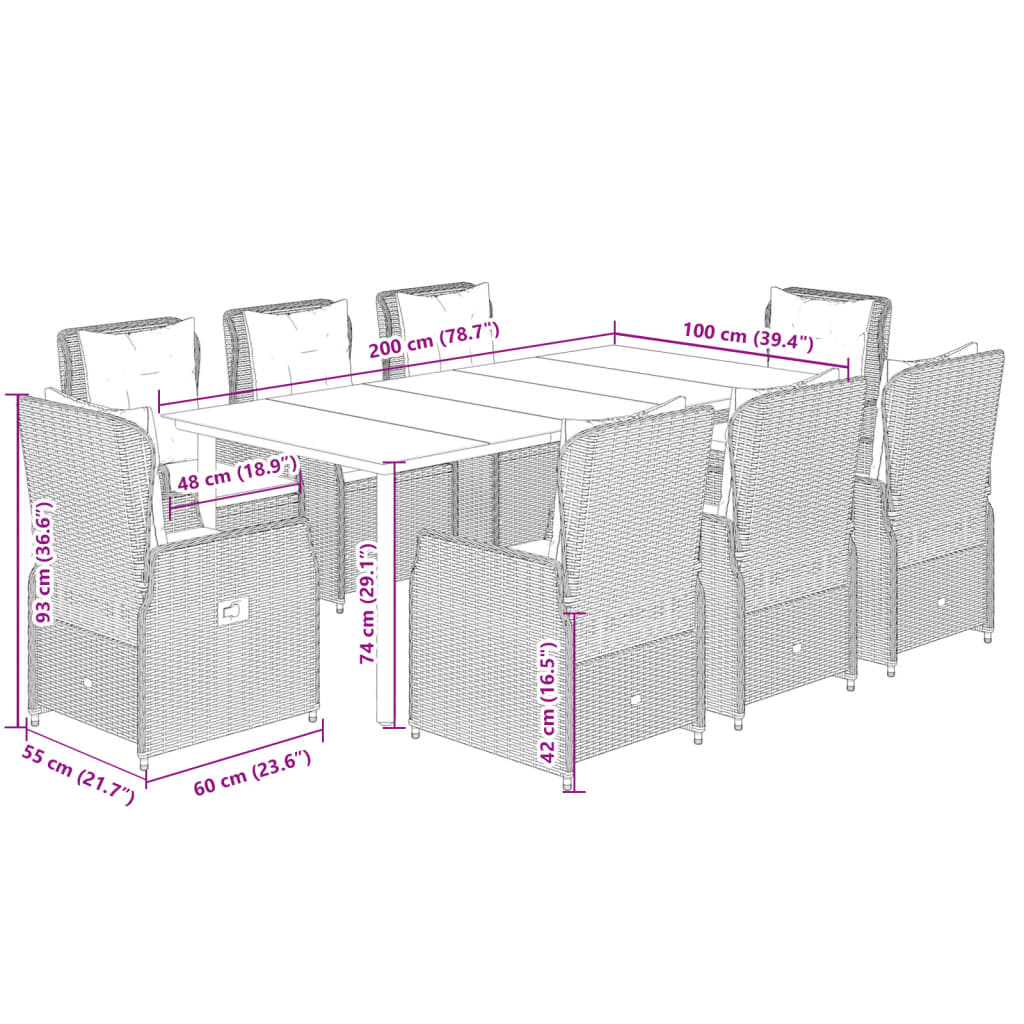 9-tlg. Garten-Essgruppe mit Kissen Grau Poly Rattan
