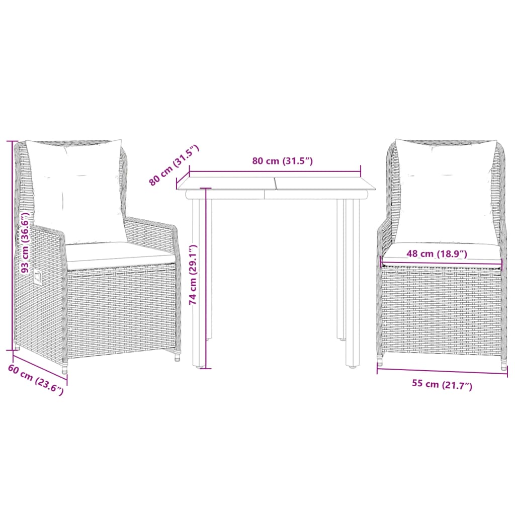 3-tlg. Garten-Essgruppe mit Kissen Beige Poly Rattan