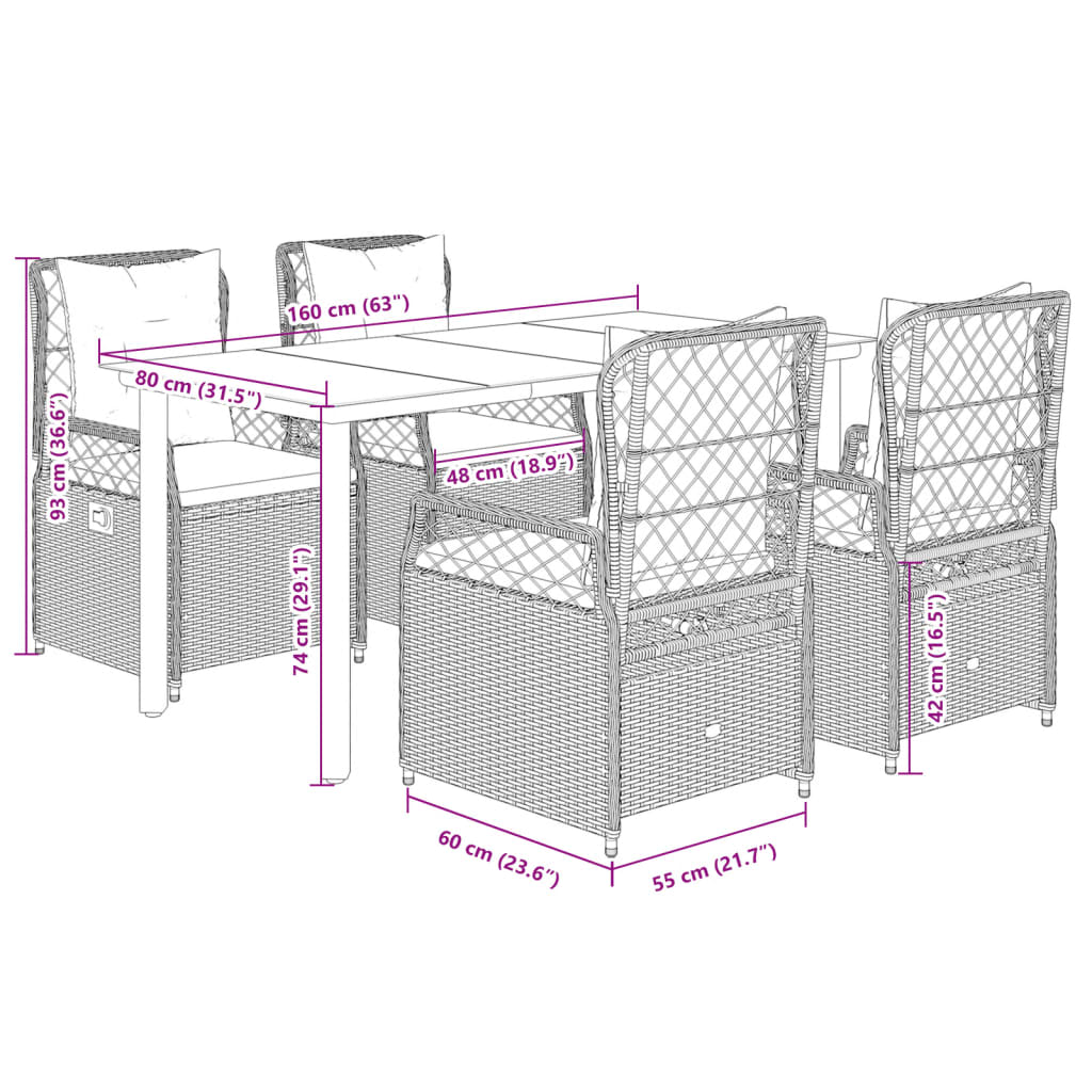 5-tlg. Garten-Essgruppe mit Kissen Schwarz Poly Rattan