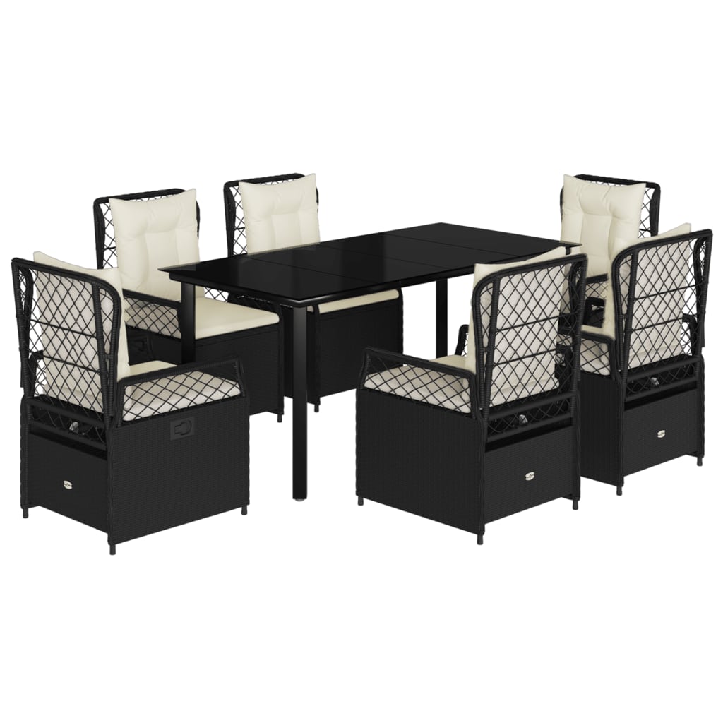 7-tlg. Garten-Essgruppe mit Kissen Schwarz Poly Rattan