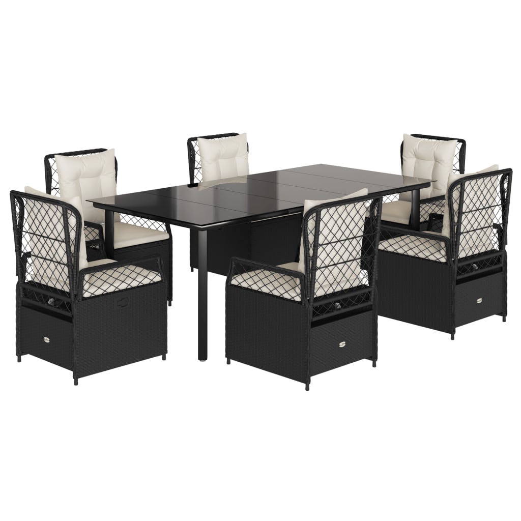 7-tlg. Garten-Essgruppe mit Kissen Schwarz Poly Rattan