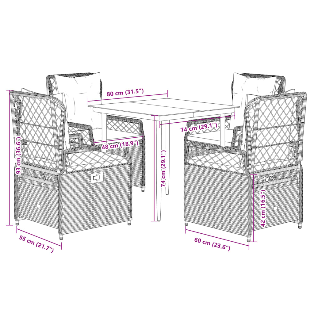 5-tlg. Garten-Essgruppe mit Kissen Braun Poly Rattan