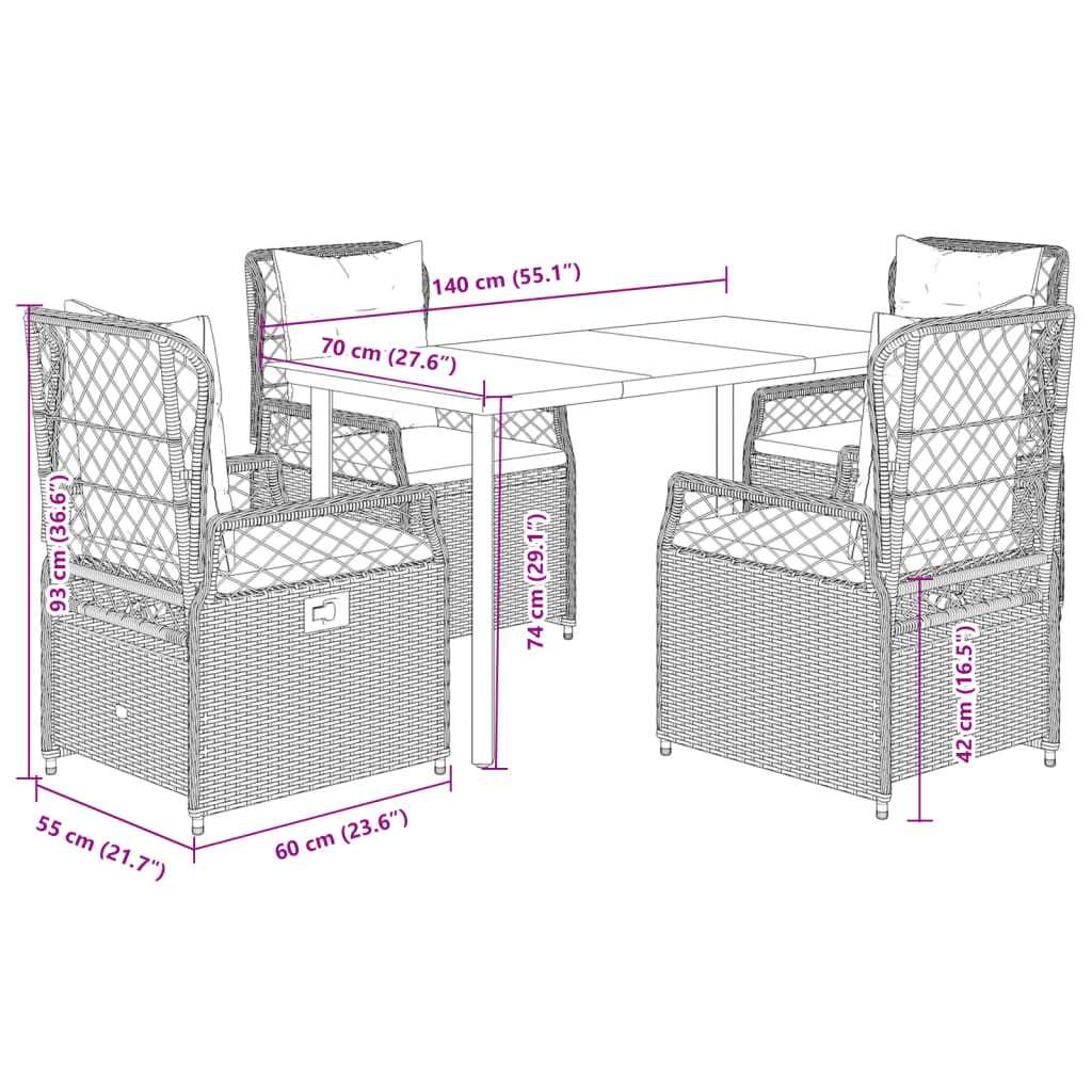 5-tlg. Garten-Essgruppe mit Kissen Braun Poly Rattan