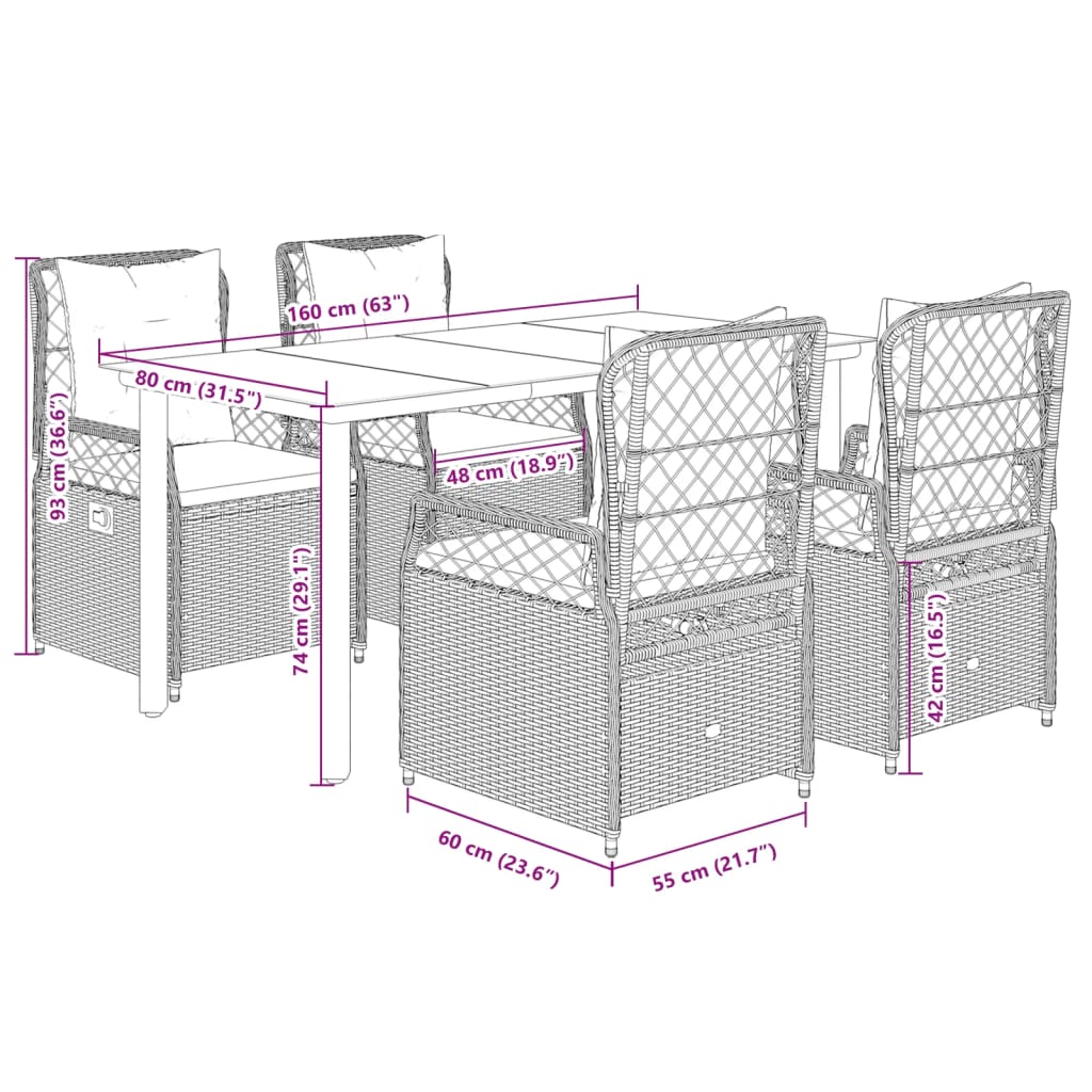 5-tlg. Garten-Essgruppe mit Kissen Grau Poly Rattan