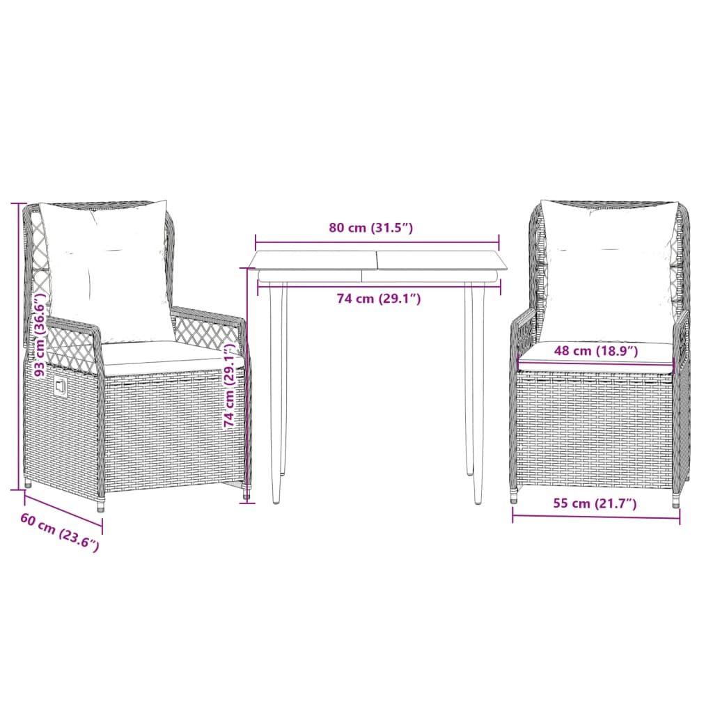 3-tlg. Garten-Essgruppe mit Kissen Beige Poly Rattan