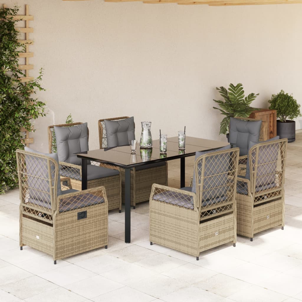 7-tlg. Garten-Essgruppe mit Kissen Beige Poly Rattan