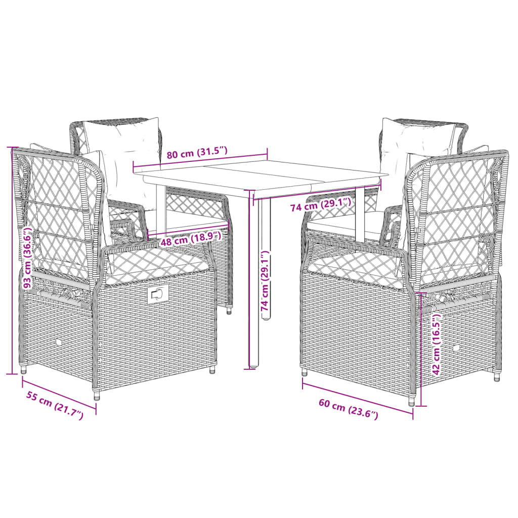 5-tlg. Garten-Essgruppe mit Kissen Hellgrau Poly Rattan