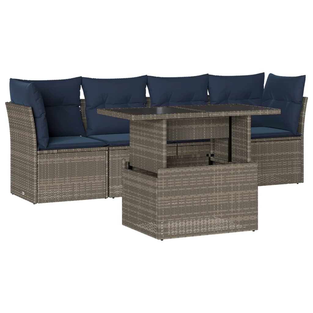 5-teiliges Gartensofa-Set mit Kissen, grau, Polyrattan