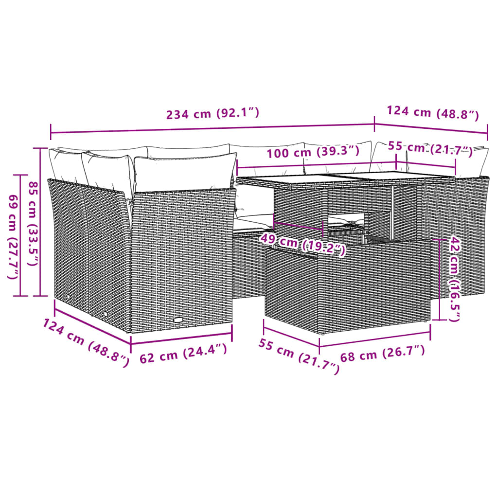 7-teiliges Gartensofa-Set mit Kissen, braun, Polyrattan