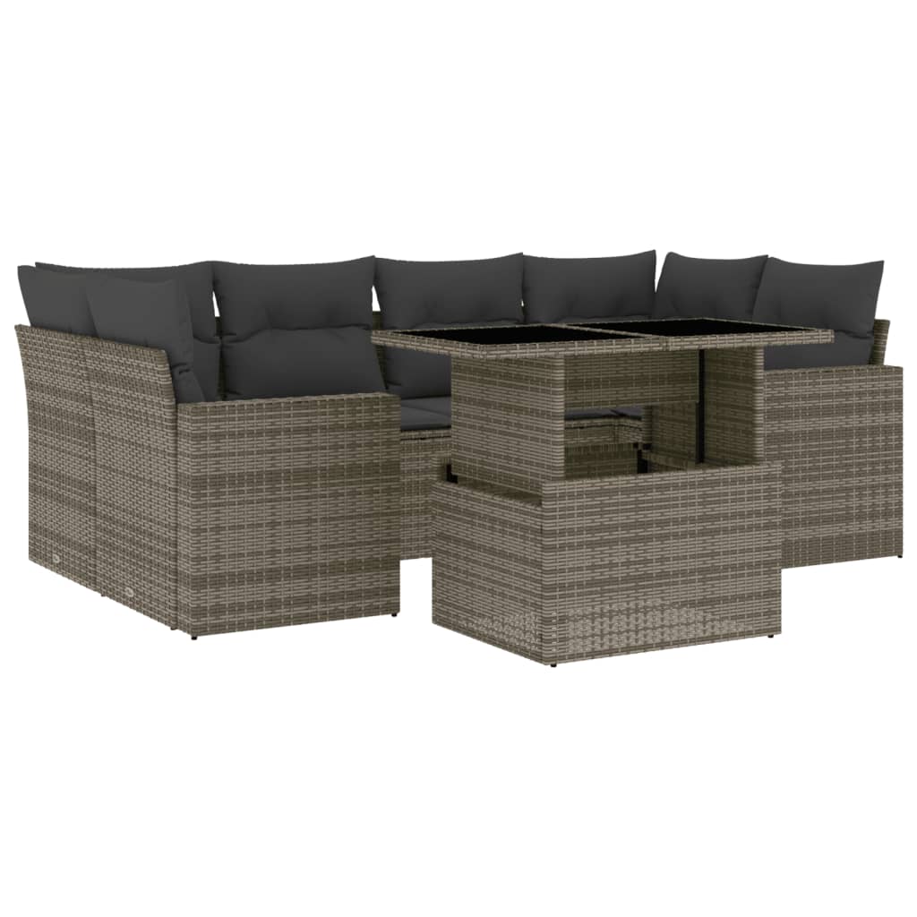 7-tlg. Garten-Sofagarnitur mit Kissen Grau Poly Rattan