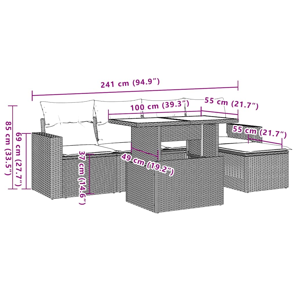 6-teiliges Gartensofa-Set mit Kissen, braun, Polyrattan