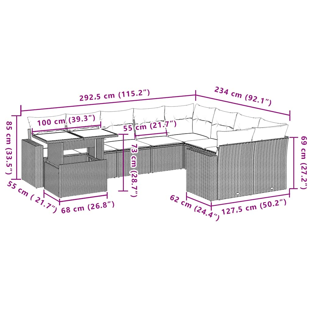 10-teiliges Gartensofa-Set mit Kissen, grau, Polyrattan