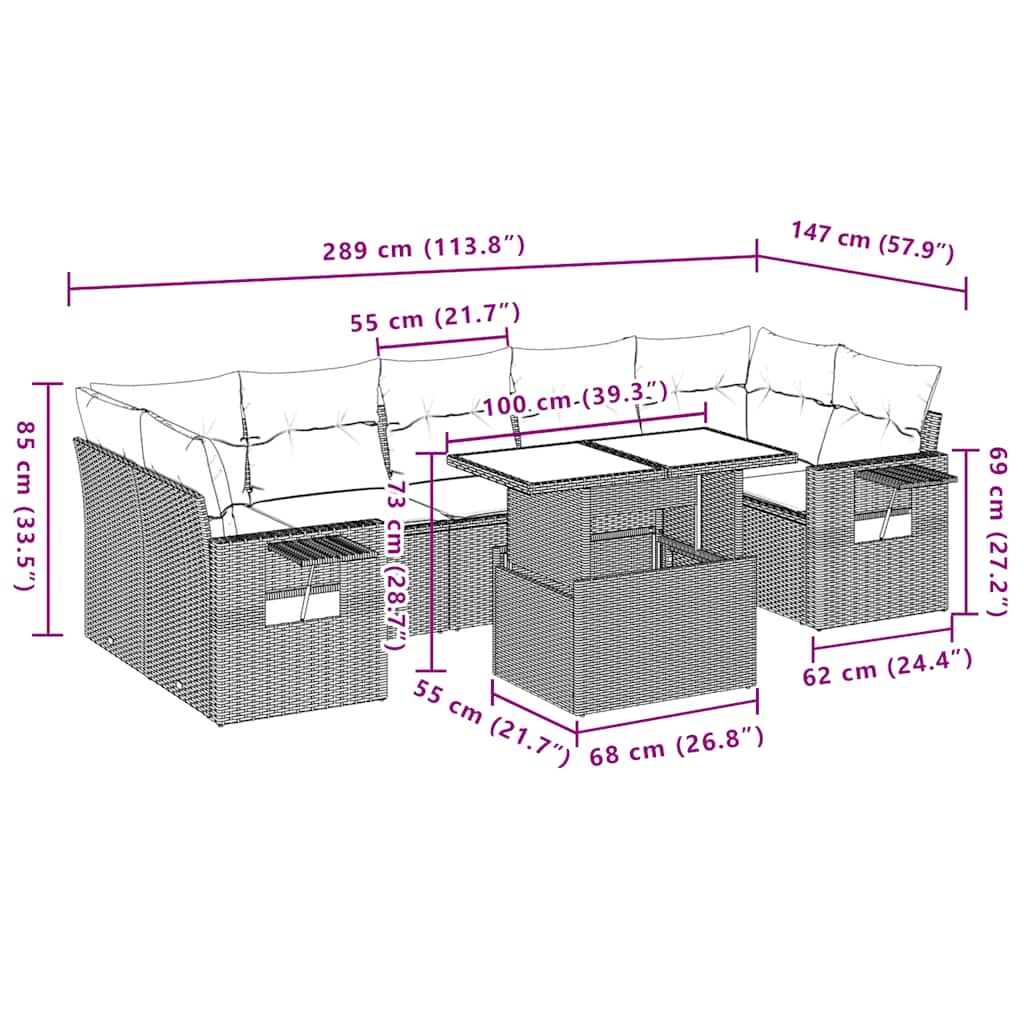 8-teiliges Gartensofa-Set mit Kissen, grau, Polyrattan