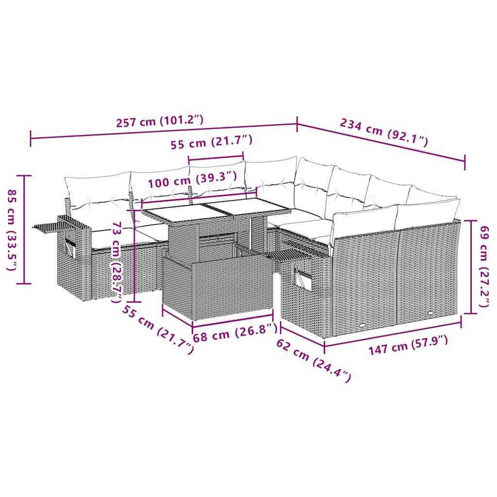 9-teiliges Gartensofa-Set mit Kissen, braun, Polyrattan