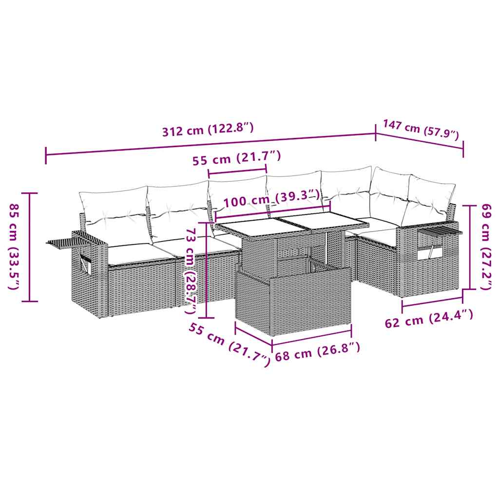 7-teiliges Gartensofa-Set mit Kissen, grau, Polyrattan