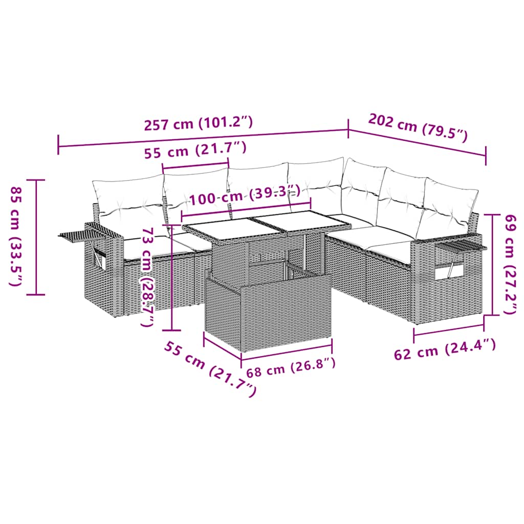 7-teiliges Gartensofa-Set mit Kissen, braun, Polyrattan