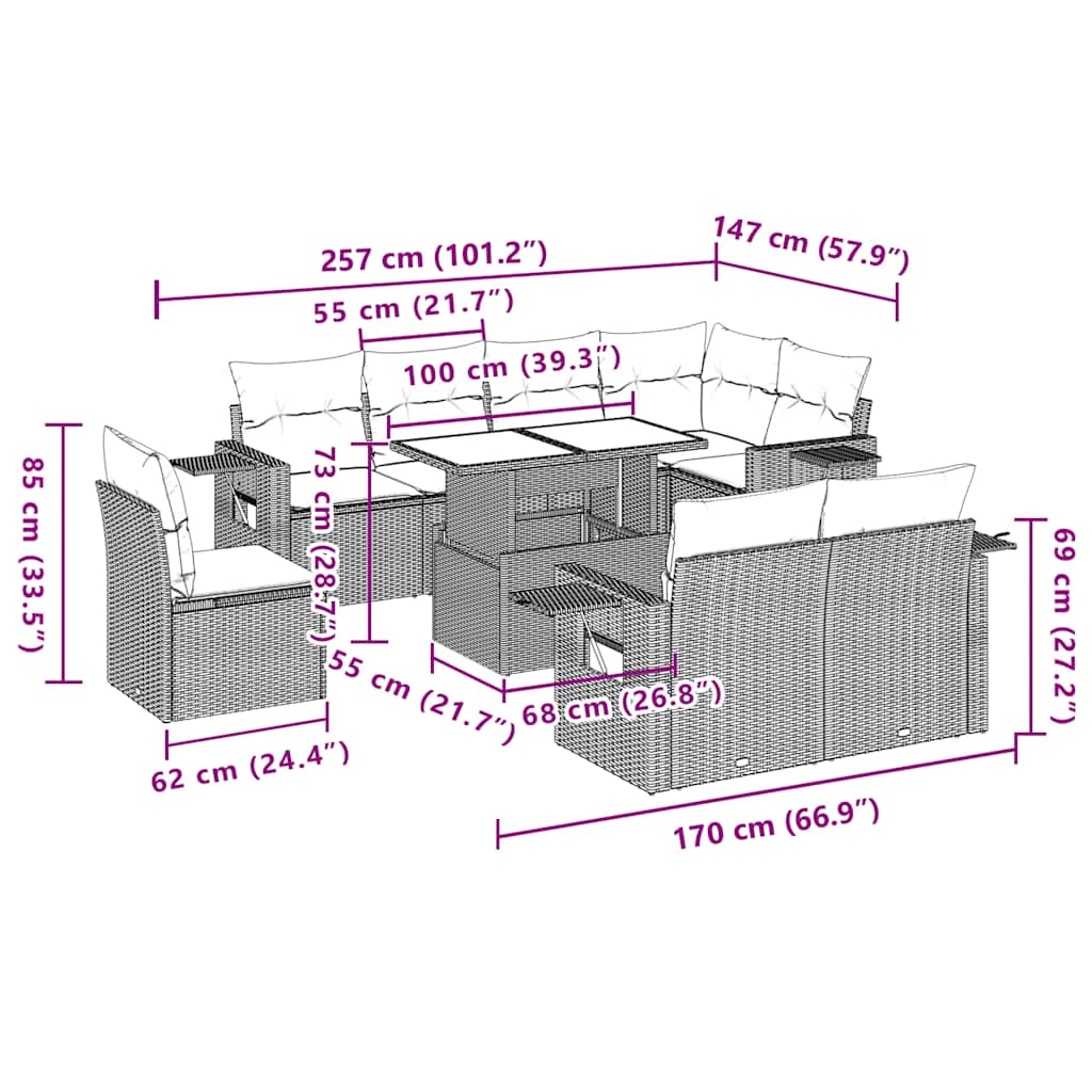 9-teiliges Gartensofa-Set mit Kissen, grau, Polyrattan