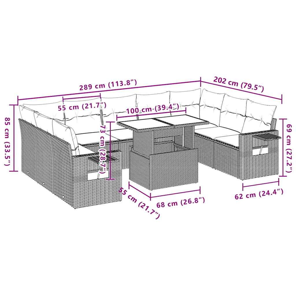 10-tlg. Garten-Sofagarnitur mit Kissen Hellgrau Poly Rattan