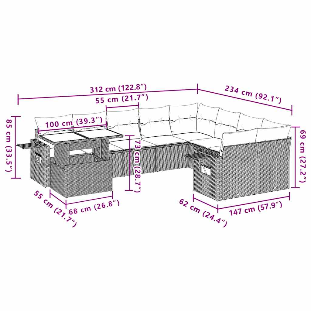 10-tlg. Garten-Sofagarnitur mit Kissen Braun Poly Rattan
