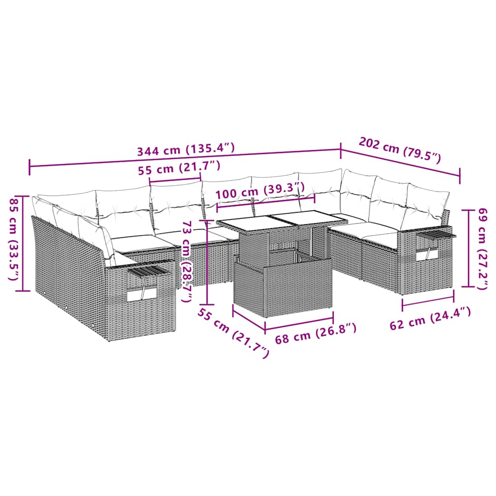 11-teiliges Gartensofa-Set mit Kissen, grau, Polyrattan