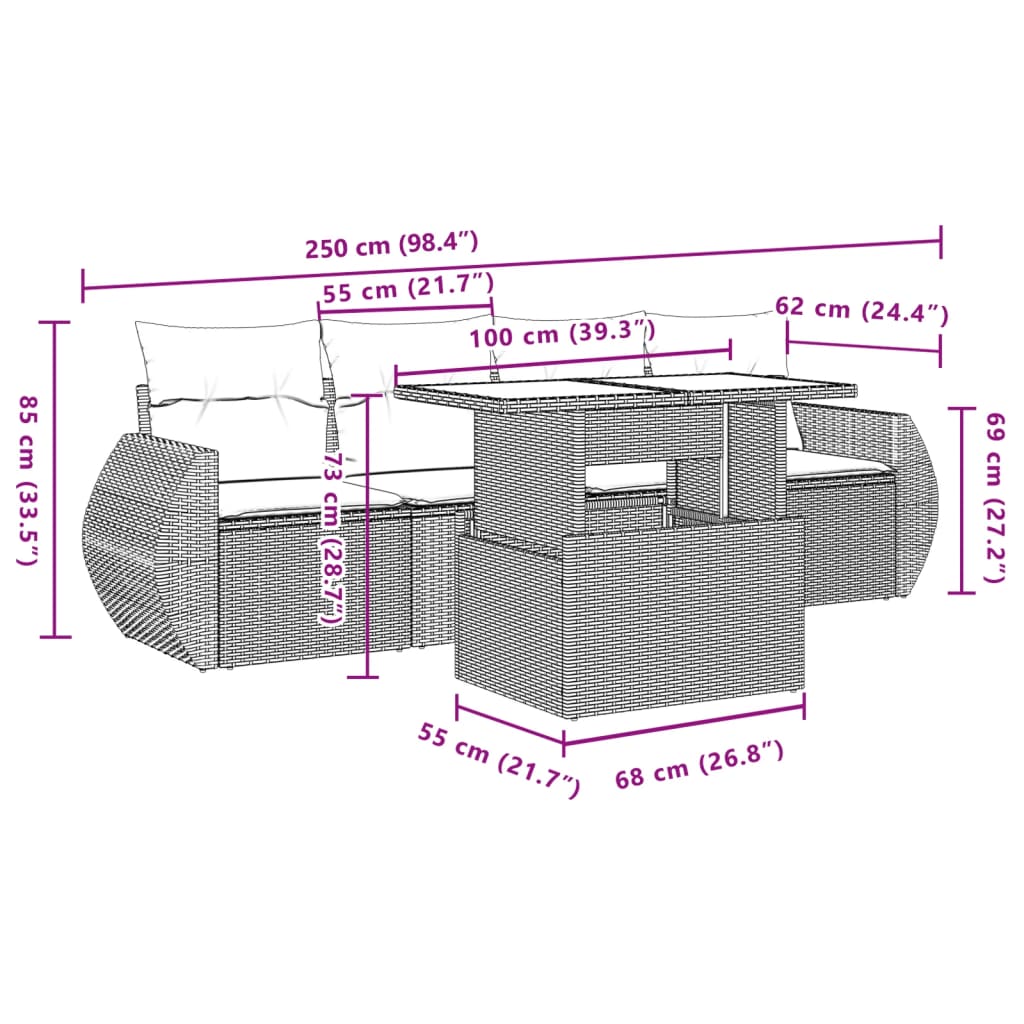 5-tlg. Garten-Sofagarnitur mit Kissen Braun Poly Rattan