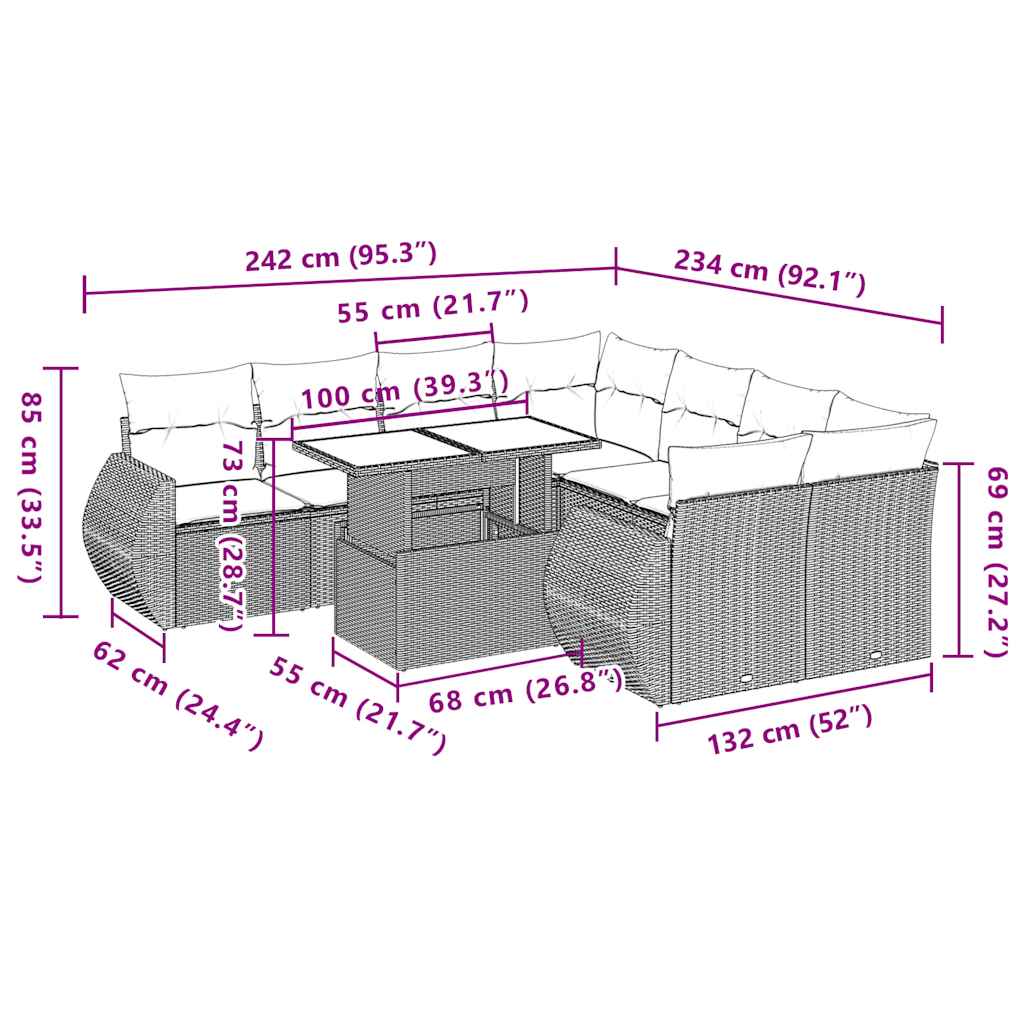 9-teiliges Gartensofa-Set mit Kissen, braun, Polyrattan