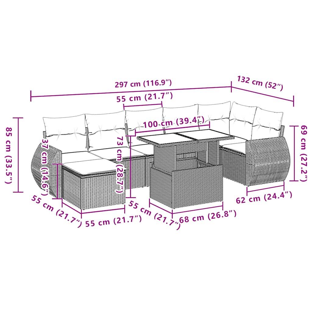 8-tlg. Garten-Sofagarnitur mit Kissen Hellgrau Poly Rattan