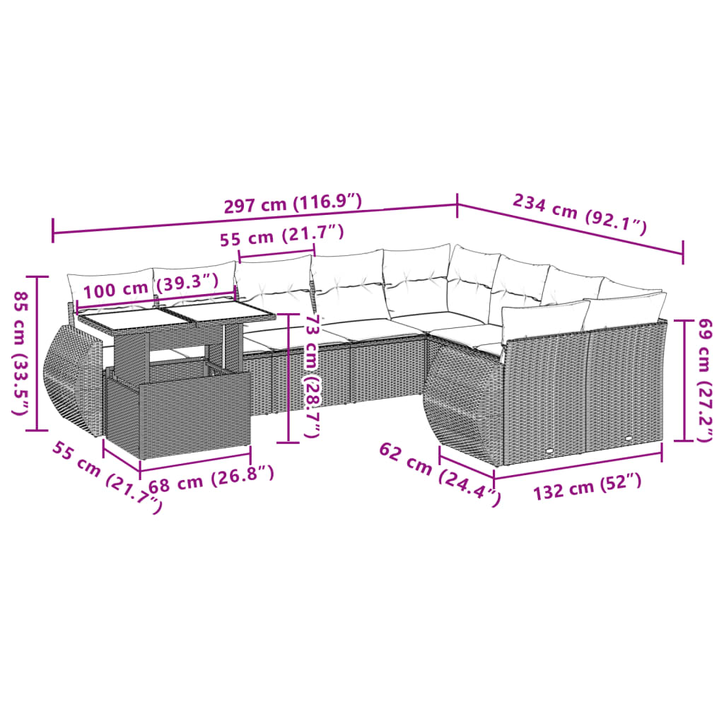 10-tlg. Garten-Sofagarnitur mit Kissen Braun Poly Rattan