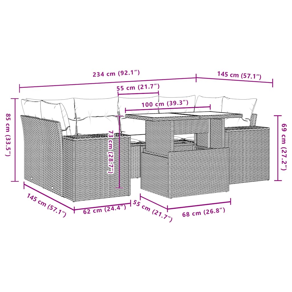 7-teiliges Gartensofa-Set mit Kissen, braun, Polyrattan